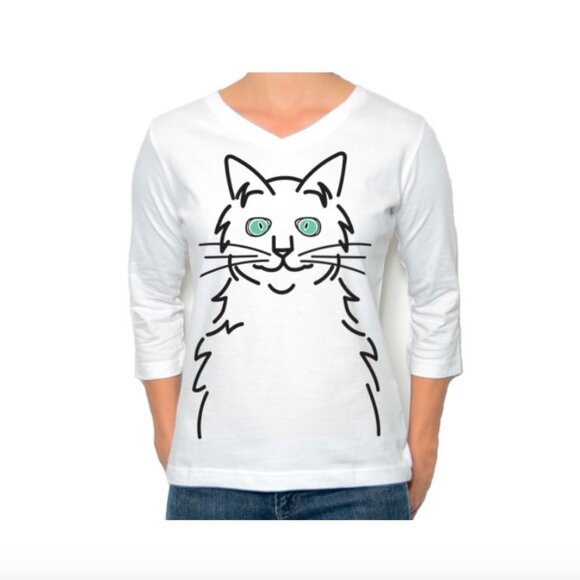 Marushka White V-Neck Tee with 3/4 Sleeves with Cat Eyes - Picture 1 of 9